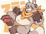 2020 anthro bakedanooki belly canid canine cute_fangs franpaccio hi_res humanoid_hands japanese_text male mammal navel overweight overweight_anthro overweight_male raccoon_dog simple_background solo tanuki text