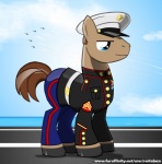 aircraft airplane blue_eyes clothing dress_uniform feral hat headgear headwear jet male marines outside quadruped sergeant sky solo tail uniform us_marines vehicle rastaban_coal hasbro my_little_pony united_states_marine_corps equid equine horse mammal pony hi_res