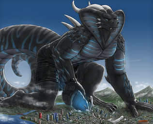 anthro bent_legs big_tail black_body blue_eyes bodily_fluids boxer_briefs boxers_(clothing) building building_destruction city city_background city_destruction cityscape claws clothed clothing cum cum_flooding cum_in_clothing cum_in_underwear destruction ejaculation erection erection_under_briefs erection_under_clothing excessive_cum excessive_genital_fluids feet finger_claws fingerless_gloves fingers genital_fluids genitals gloves glowing glowing_genitalia glowing_markings glowing_penis ground_penetration handwear humanoid_genitalia humanoid_penis hyper hyper_cum landscape_dwarfing macro macro_anthro macro_male male markings muscular muscular_anthro muscular_male orgasm outside paws pecs penetration penile penis rampage sky solo tail toe_claws toes topless underwear vein veiny_penis gigatiger kai'nek_(pyronite) cobra kaiju reptile scalie snake hi_res