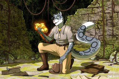 anthro archeologist belly belt boots breasts clothing eyewear female footwear forest glasses hammer hat headgear headwear idol_(object) jungle magic nipples plant round_glasses ruins shoes solo teats tools tree udders vines owligatorstudios felid mammal pantherine snow_leopard 2023 hi_res story story_in_description
