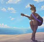 accessory acoustic_guitar anthro beach blue_sky breasts brown_body brown_fur brown_hair bubble_butt butt casual_nudity cheek_tuft cloud countershade_face countershade_feet countershade_tail countershade_torso countershading detailed_background dipstick_ears dipstick_tail dorsal_ridge ear_markings eyes_closed facial_tuft feet female fur guitar hair hair_accessory hair_tie logo looking_back markings multicolored_ears musical_instrument neck_tuft one_eye_obstructed pink_nose plantigrade playing_guitar playing_music plucked_string_instrument public public_nudity purple_hair_tie raised_tail rear_view sea seaside shadow shoulder_blades sky solo string_instrument tail tail_markings tan_body tan_fur tuft water white_clouds sammfeatblueheart twix_(sammfeatblueheart) lagomorph leporid mammal rabbit 2021 artist_logo hi_res shaded signature