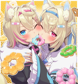 accessory ahoge animal_ears band-aid bandage black_choker black_clothing black_coat black_jewelry black_necklace black_topwear blonde_hair blue_eyes blush breast_squish breasts chocolate_doughnut choker clothing coat dessert dotted_background doughnut electronics face_squish face_to_face fake_horns female fluffy_ears food food_on_mouth fur_coat hair hair_accessory hair_between_eyes headgear headphones headset highlights_(coloring) hug jewelry long_hair mochi_doughnut necklace one_eye_closed pastry pattern_background pink_eyes pink_frosted_sprinkled_doughnut short_hair simple_background squish topwear tkc_thikeshi hololive hololive_en vtuber fuwawa_abyssgard mococo_abyssgard animal_humanoid canid canid_humanoid canine canine_humanoid dog_humanoid humanoid mammal mammal_humanoid absurd_res hi_res