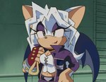 anthro breasts cleavage clothed clothing cosplay eyelashes eyeshadow female fingerless_gloves gloves green_eyes hair handwear lipstick long_hair makeup midriff navel purple_eyeshadow red_lipstick shirt smile solo standing topwear white_clothing white_hair white_shirt white_topwear wings spinstellar sega sonic_the_hedgehog_(series) yu-gi-oh! mai_valentine rouge_the_bat bat mammal crossover