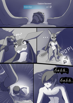 big_breasts breasts female male palmorph text trainer_role_reversal banditofbandwidth_(artist) palworld pocketpair pal_tamer human lovander mammal pal_(species) absurd_res comic hi_res monochrome