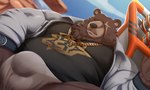 anthro belly black_nose brown_body bulge chain chain_necklace clothing cloud detailed_bulge gold_(metal) gold_chain jewelry male necklace outside overweight overweight_male scar shirt solo topwear underwear joelbearb mihoyo zenless_zone_zero ben_bigger bear mammal 2022 hi_res