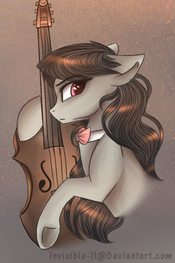 black_hair bow_(feature) bow_tie bowed_string_instrument cello female feral fur grey_body grey_fur hair long_hair looking_at_viewer musical_instrument purple_eyes simple_background solo string_instrument text invisible-11 friendship_is_magic hasbro my_little_pony octavia_(mlp) earth_pony equid equine horse mammal pony 2015 2:3 hi_res url