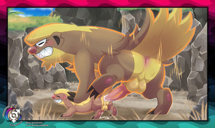 all_fours animal_genitalia animal_penis anus aura backsack balls black_claws blush blush_lines bodily_fluids border brown_body brown_fur brown_tuft butt canine_genitalia canine_penis claws clenched_teeth cliff cloud countershading cum cum_drip cum_from_ass cum_in_ass cum_inside cum_on_ground cum_on_own_penis cum_on_penis cum_on_self cum_string day dead_grass dripping eyelashes eyes_closed feral feral_on_feral fur genital_fluids genitals glowing grass looking_pleasured male male/male one_foot_up outside outside_sex pawpads penetration penis perineum pink_anus pink_nose pink_pawpads pink_penis plant quadruped rock sex sharp_teeth sheath smile teeth text tuft underbelly vein veiny_penis yellow_balls yellow_body yellow_countershading yellow_fur yellow_perineum yellow_sheath yellow_tuft andyocelot nintendo pokemon generation_7_pokemon gumshoos mammal pokemon_(species) yungoos absurd_res hi_res url watermark