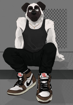 anthro athletic athletic_male black_nose clothed clothing countershade_ears countershade_face countershading cross cross_necklace facial_scar floppy_ears footwear fully_clothed green_eyes jewelry looking_at_viewer male necklace plantigrade scar shoes sitting sneakers solo white_body nostpromo air_jordan_1 jordan_(brand) nike canid canine canis domestic_dog mammal hi_res