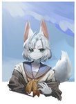 anthro blush clothing female fur green_eyes hair kemono school_uniform solo tail uniform white_body white_fur white_hair utterangle white_fox_(utterangle) canid canine fox mammal absurd_res hi_res