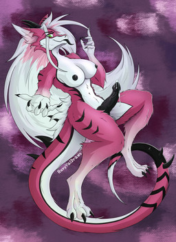 anthro black_body black_fur black_penis bodily_fluids breasts digitigrade fur genital_fluids genitals green_eyes gynomorph hair horn intersex knot knotted_penis long_hair long_tail looking_at_viewer markings nipples nude penis pink_body pink_fur precum simple_background smile solo spiked_tail spikes spikes_(anatomy) striped_markings stripes tail tongue tongue_out white_body white_fur white_hair roxyvaldraws mythology dragon furred_dragon furred_scalie mythological_creature mythological_scalie scalie hi_res