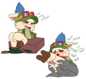 anal anal_penetration anthro anthro_focus anus arms_tied balls bent_over blush bottomless bottomwear bottomwear_down bound clothed clothing dialogue duo erection eyes_closed facial_markings footwear forced genitals gloves goggles_on_headwear handwear hat head_markings headgear headwear humanoid_genitalia humanoid_penis kerchief looking_back male male/male markings mask_(marking) neckerchief neckwear open_mouth pants pants_down partially_clothed penetration penis perineum rape sex shoes simple_background solo_focus text white_background young chioberry league_of_legends riot_games tencent teemo_(lol) mammal yordle digital_media_(artwork) english_text
