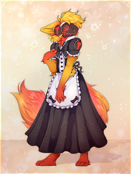 3_toes 4_fingers anthro blush clothed clothing digitigrade embarrassed eyebrows eyes_closed feet femboy fingers florean fur gradient_fur hair machine maid_uniform male multicolored_body multicolored_fur orange_body orange_fur piercing red_body red_eyes solo tail toes tuft two_tone_body uniform visor konti_art protogen 3:4 absurd_res hi_res