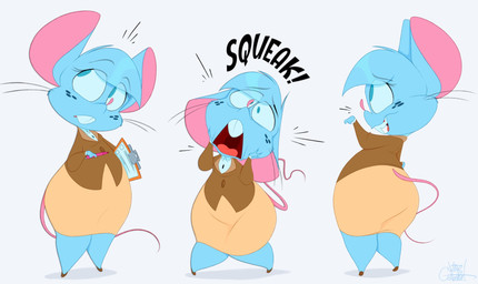 anthro bangs big_butt biped blue_body blue_eyes blue_fur blue_hair buckteeth butt clipboard clothed clothed_anthro clothed_female clothing exclamation_point feet female fingers fully_clothed fully_clothed_anthro fully_clothed_female fur hair holding_clipboard holding_object holding_pen multiple_poses onomatopoeia pear-shaped_figure pen pink_nose pose scared simple_background small_feet small_hands smile solo sound_effects tail teeth text thick_thighs thin_tail toony whiskers white_background wide_hips silentjack mia_mouse mammal mouse murid murine rodent 2025 hi_res signature