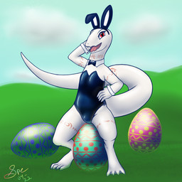4_toes 5_fingers albino anthro arm_markings big_tail black_clothing blue_sky bow_(feature) bow_in_front bow_tie bunny_costume clothing cloud costume crotch_lines cute_fangs day digitigrade easter_egg egg eyelashes fake_ears fake_rabbit_ears fangs feet female fingers front_view glistening glistening_clothing grass hand_on_hip holidays latex latex_clothing leg_markings lingerie long_tail looking_at_viewer markings membrane_(anatomy) neck_markings open_mouth open_smile outline outside pink_markings pink_tongue plant pubic_mound pupils raised_arm red_eyes scales shirt_collar shirt_cuffs sitting sky slit_pupils smile smiling_at_viewer snout solo straddling strapless_clothing tail tail_markings teddy_(clothing) teeth thick_tail thick_thighs thigh_markings toes tongue tribal tribal_markings webbed_feet white_body white_scales spe easter overlord_(series) crusch_lulu lizard lizardman lizardman_(overlord) reptile scalie 1:1 2022 absurd_res dated digital_media_(artwork) hi_res krita_(artwork) signature
