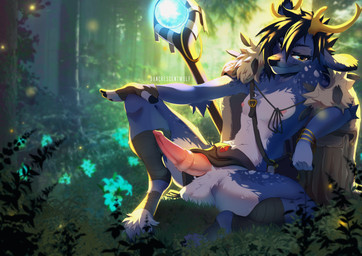 animal_genitalia animal_penis anthro antlers balls black_hair black_nose blue_body blue_fur bottomwear cloak clothing cloven_hooves erection forest freckled_face freckles fur genitals hair hooves horn loincloth looking_at_viewer male medial_ring mostly_nude_anthro mostly_nude_male nature outside penis plant pose slim_anthro slim_male smile solo staff tree dancrescentwolf deer mammal hi_res pinup