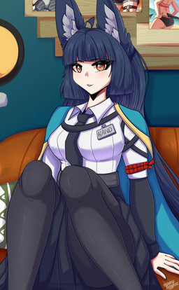 black_hair bottomwear breasts cape clothing eyebrows eyelashes female furniture hair inner_ear_fluff long_hair necktie red_eyes shirt sitting skirt sofa solo topwear tuft shadowreindeer mihoyo zenless_zone_zero hoshimi_miyabi animal_humanoid canid canid_humanoid canine canine_humanoid fox_humanoid humanoid mammal mammal_humanoid thiren 2025 absurd_res hi_res