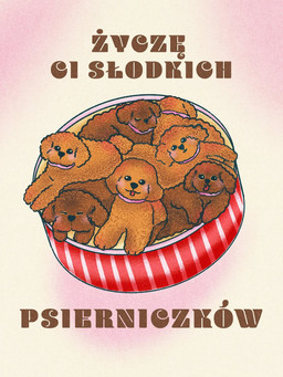 ambiguous_gender black_eyes black_nose blep brown_body brown_fur brown_text collar eyes_closed fur gradient_background group looking_at_viewer lying_on_another pink_collar simple_background sleeping text tongue tongue_out wearing_collar agnieszka_delew canid canine canis domestic_dog mammal poodle 2025 hi_res polish_description polish_text translated_description