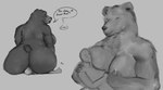 absurd_res anthro bear big_breasts big_butt blush bodily_fluids breastfeeding breasts butt cum doctordj duo eyes_closed facesitting female genital_fluids gesture grey_background hand_gesture handjob hi_res human human_on_anthro interspecies lactating larger_anthro larger_female male mammal monochrome nursing_handjob penetration penile sex simple_background sitting_on_another size_difference slightly_chubby smaller_human smaller_male smile text thumbs_up