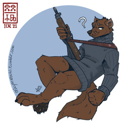 anthro barefoot brown_body brown_fur clothed clothing ears_up feet fur gun holding_gun holding_object holding_ranged_weapon holding_rifle holding_weapon looking_at_viewer male pantsless pawpads paws question_mark ranged_weapon rifle smile smiling_at_viewer solo sweater tail text topwear weapon mawkvlt isaac_(tormentoryarvin) 1:1 hi_res