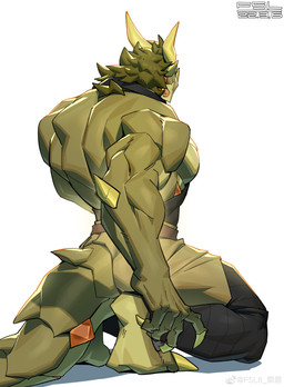 2_horns 4_fingers anthro back_muscles barefoot belt black_clothing black_topwear bottomwear brown_bottomwear brown_clothing brown_shorts clothed clothing countershading ear_piercing ear_ring feet fingers flesh_fang furgonomic_bottomwear furgonomics green_body green_hair green_scales hair horn kneeling male muscular muscular_anthro muscular_male nose_spike piercing rear_view ring_piercing scales shorts simple_background solo tail topwear white_background fansl mythology crever_(fansl) dragon mythological_creature mythological_scalie scalie wingless_dragon 2022 absurd_res dated digital_media_(artwork) hi_res signature