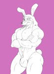 abs anthro big_chest blush blush_lines bulge bunny_costume clothing costume crossed_arms fake_ears fake_rabbit_ears fullbody_suit holidays hoodie looking_at_self looking_down looking_down_at_self male muscular pecs scut_tail short_tail solo standing tail topwear zipper reagan700 easter bruno_silva canid canine canis dobermann domestic_dog mammal pinscher 2022 hi_res