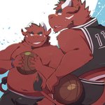 anthro ball basketball_(ball) belly bodily_fluids bottomwear bulge clothing duo humanoid_hands kemono male overweight overweight_male shirt shorts sweat topwear green_bell inakamichi bovid bovine cattle mammal 1:1 2021 absurd_res hi_res