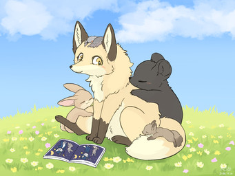 ambiguous_gender black_body black_ears black_fur black_nose blush book brown_body brown_fur cheek_tuft cloud countershading day detailed_background dipstick_tail eyes_closed facial_tuft feet feral flower fluffy fluffy_tail fur gloves_(marking) grass grey_body group hand_on_head hug inner_ear_fluff larger_ambiguous larger_feral leg_markings lying markings monotone_body monotone_fur multicolored_body multicolored_fur multicolored_tail outside paws plant quadruped sitting size_difference sky sleeping smaller_ambiguous smaller_feral smile socks_(marking) tail tail_markings tan_body tan_fur tan_tail toes trio tuft two_tone_body two_tone_fur two_tone_tail white_body yellow_body yellow_eyes yellow_fur young young_feral fusau bear canid canine fox lagomorph leporid mammal murid murine rabbit rodent sciurid tree_squirrel ursine 2024 dated detailed digital_media_(artwork) hi_res
