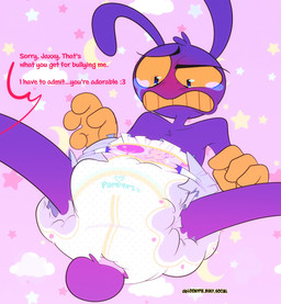 anthro big_diaper biped bodily_fluids clean_diaper clenched_teeth clothed clothing crying dialogue diaper embarrassed furgonomic_diaper furgonomics gloves handwear lying male offscreen_character on_back solo tears teeth text wearing_diaper wetness_indicator loonypie glitch_productions pampers the_amazing_digital_circus jax_(tadc) lagomorph leporid mammal rabbit 2026 digital_drawing_(artwork) digital_media_(artwork) english_text hi_res