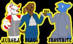 anthro badge breasts clothed clothing eyewear female fur glasses group hair headgear headwear male necktie simple_background smile standing suit text grumpy_griffin_creations austin_powers 2019 digital_media_(artwork) english_text