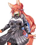 alternate_species anthro armor belt black_clothing blue_highlights clothed clothing dress embroidered_clothing eyes_closed female fur furrification green_highlights hair highlights_(coloring) kemono orange_body orange_fur orange_hair orange_tail solo tail kida_kuro_mu hololive hololive_en vtuber takanashi_kiara canid canine fox mammal 4:5 hi_res