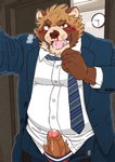 anime_nosebleed anthro belly blood blush bodily_fluids brown_body brown_fur clothing erection fur genital_fluids genitals kemono male necktie nosebleed overweight overweight_anthro overweight_male penis precum shirt solo topwear underwear undressing ryuta-h third-party_edit canid canine mammal raccoon_dog tanuki 2020 censor_removal_edit hi_res