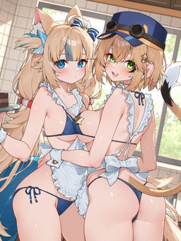 accessory ahoge animal_ears big_breasts bikini bikini_top blonde_hair blue_clothing blue_eyes blue_hat blue_headwear blush bow_ribbon breast_squish breasts breasts_frottage cake clothing collarbone dessert female fluffy_ears food glistening glistening_body green_eyes hair hair_accessory hands_on_another's_hips hat headgear headwear highlights_(coloring) long_hair looking_at_viewer maid_apron medium_breasts open_mouth panties pigtails short_hair squish swimwear tail teeth two-piece_swimsuit underwear window waterring dooby3d indie_virtual_youtuber vtuber sameko_saba_(vtuber) animal_humanoid cat_humanoid felid felid_humanoid feline feline_humanoid humanoid mammal mammal_humanoid rodent rodent_humanoid 3:4 hi_res