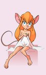 anthro bed_sheet bedding blue_eyes blush breasts covering covering_self female front_view hair looking_at_viewer nude orange_hair pink_nose solo tail rogone2 chip_'n_dale_rescue_rangers disney gadget_hackwrench mammal mouse murid murine rodent 2022 digital_media_(artwork) full-length_portrait hi_res portrait shaded