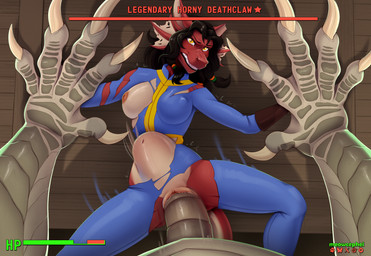 abdominal_bulge angry anthro big_penis breasts clothing duo extreme_penetration extreme_size_difference female genitals huge_penis male male/female monster_on_female overalls penetration penis red_body restrained restrained_arms size_difference spread_legs spreading teratophilia torn_clothing vaginal vaginal_penetration yellow_eyes conditional_dnp meowcephei fallout microsoft mythology sharon_medley deathclaw dragon monster mythological_creature mythological_scalie scalie hi_res