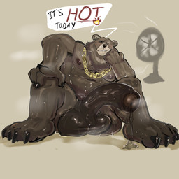 anthro balls big_balls big_penis bodily_fluids chain_necklace darkened_balls darkened_genitalia darkened_penis dripping electric_fan foreskin genital_fluids genitals huge_balls huge_penis jewelry looking_at_viewer male musk necklace nude penis precum precum_drip sitting solo speech_bubble sweat ssatoh mihoyo zenless_zone_zero ben_bigger bear mammal 1:1 absurd_res hi_res