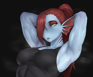armpit_fetish athletic athletic_female blue_body breasts clothing eyebrows eyelashes female frill_(anatomy) gills glistening hair hair_over_eye hands_behind_head muscular musk ponytail red_hair shirt solo teeth topwear yellow_sclera meruzis undertale_(series) undyne animal_humanoid fish fish_humanoid humanoid marine marine_humanoid 2025 hi_res