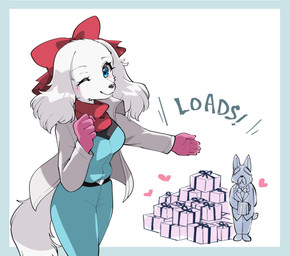 accessory anthro belt blue_eyes blush bow_ribbon breasts centered_hair_bow clothing duo eyebrows eyelashes female female_focus fur gift gloves hair_accessory hair_bow hair_ribbon handwear heart_symbol jacket kemono kerchief male neckerchief neckwear one_eye_closed ribbons smile topwear white_body white_fur wink namagakiokami nintendo star_fox fay_(star_fox) bird_dog canid canine canis domestic_dog hunting_dog mammal spaniel 2026
