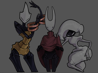 black_arms black_body black_exoskeleton black_face black_fingers black_hands black_legs cloak cloak_lift cloak_only clothed clothing clothing_lift exoskeleton featureless_crotch front_view grey_background group presenting red_cloak red_clothing segmented_arms segmented_body simple_background trio white_head yellow_body kaiartis hollow_knight:_silksong hollow_knight_(franchise) team_cherry hornet_(hollow_knight) lace_(hollow_knight:_silksong) shakra_(hollow_knight:_silksong) arthropod 2025 hi_res