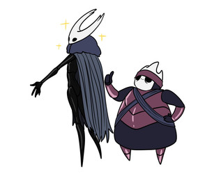 ambiguous_gender anthro armor armwear cloak clothing duo exoskeleton gesture green_cloak green_clothing hand_gesture horn male red_armor red_armwear red_clothing simple_background sparkles thumbs_up boopie hollow_knight_(franchise) team_cherry nailmaster_mato_(hollow_knight) the_knight_(hollow_knight) arthropod vessel_(species) hi_res