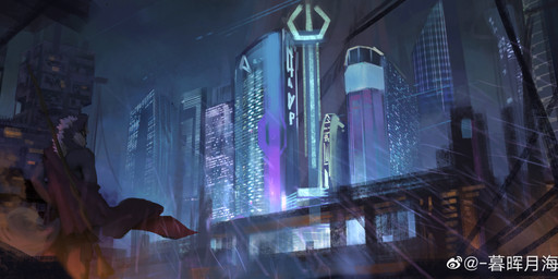 anthro bottomwear building cape city clothed clothing detailed_background fur grey_body grey_fur hair male mouth_closed obscured_eyes outside pants raining rear_view red_cape red_clothing skyscraper solo standing unsigned white_body white_fur white_hair awaldkize canid mammal absurd_res hi_res