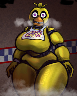anthro beak bib big_breasts breasts breath feathers featureless_breasts featureless_crotch female front_view head_feathers head_tuft huge_breasts looking_at_viewer machine solo teeth thick_thighs toothed_beak tuft wide_hips yellow_body yellow_feathers epsi110 five_nights_at_freddy's scottgames chica_(fnaf) animatronic avian bird chicken galliform phasianid robot 4:5 hi_res