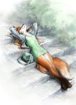 anthro bag blue_clothing clothing dress eyes_closed female fur green_clothing handbag jacket legs_together lying markings on_back orange_body orange_fur solo topwear white_markings 12-tf canid canine fox mammal hi_res