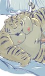 anthro bed bedroom belly big_belly eyes_closed furniture inside kemono male moobs nipples overweight overweight_male solo dain_4201 felid mammal pantherine tiger 2024 3:5 hi_res