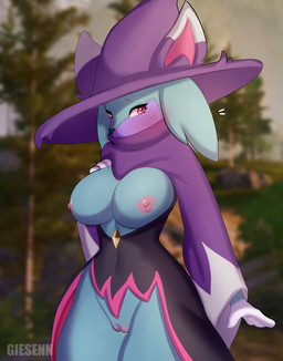 anthro areola big_breasts blue_body blue_fur bodily_fluids breasts clothed clothing covered_mouth dress female front_view fur genital_fluids genitals hat headgear headwear humanoid_genitalia humanoid_vulva nipples outside palmorph partially_clothed pink_areola pink_nipples plant red_eyes solo tree vaginal_fluids vulva witch_hat lentilghost palworld pocketpair felid katress mammal pal_(species) hi_res