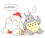 alcohol anthro beverage blush bottomwear clothing duo grey_body kemono loincloth male moobs overweight overweight_male sake sake_dish sitting text white_body andikapatok ghibli my_neighbor_totoro spirited_away radish_spirit totoro 2015