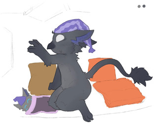 3_toes 4_fingers ambiguous_gender anthro arm_tuft beak beak_closed bedding biped black_beak black_body black_fur black_tail black_tail_tuft blanket cheek_tuft claws clothing duo elbow_tuft empty_eyes facial_tuft featureless_crotch feet finger_claws fingers fur hat hat_only headgear headgear_only headwear headwear_only hindpaw male male_anthro mostly_nude mostly_nude_anthro mostly_nude_male mouth_closed nightcap pattern_clothing pattern_hat pattern_headgear pattern_headwear paws pillow purple_clothing purple_hat purple_headgear purple_headwear purple_inner_ear raised_arm reaching_out semi-anthro side_view simple_background sitting sleeping solo_focus tail tail_tuft toe_claws toes tuft white_eyes young young_anthro young_male qiu_(artist) deadlock_(game) mythology valve lil_helper_(deadlock) rem_(deadlock) avian chimera dream_creature gryphon mythological_avian mythological_creature 2026 hi_res