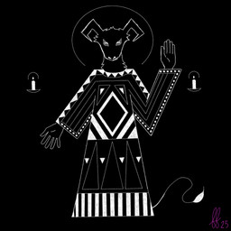 anthro black_background candle clothing halo horn looking_at_viewer male ornate_clothing raised_hand robe simple_background solo tail tail_tuft thin_tail tuft fetalfinger bovid caprine goat mammal 1:1 black_and_white hi_res monochrome signature