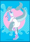 anthro blue_border border bottomwear clean_diaper clothed clothing diaper high_top_shoes hoodie looking_back male raised_tail rear_view solo tail tongue tongue_out topwear underwear wearing_diaper bubblepuppers steel_(extremius_amphibious) fish marine shark absurd_res hi_res