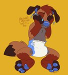 2022 anthro arm_tuft asking asking_why blue_diaper blue_inner_ear blue_nose blue_pawpads bodily_fluids brown_body brown_fur brown_tail button_ears canid canine canis chest_tuft clean_diaper clothed clothing crying diaper diaper_only digital_drawing_(artwork) digital_media_(artwork) domestic_dog dysphoria english_text eyes_closed flat_colors floppy_ears flying_tears full-length_portrait fur gender_dysphoria glistening glistening_nose grey_body grey_fur handwritten_text heyitsjaq hi_res hindpaw male mammal mouth_closed pawpads paws plantigrade portrait question sad shoulder_tuft signature simple_background sitting snout solo tail tears text topless trans_(lore) trans_man_(lore) tuft wearing_diaper white_diaper yellow_background young young_anthro