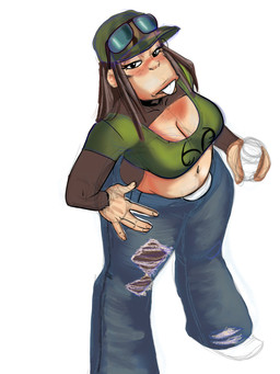 anthro belt beverage big_breasts boots bottomwear breasts brown_body brown_fur brown_hair buckteeth can choker cleavage clothed clothing container crop_top denim denim_bottomwear denim_clothing ear_piercing female footwear freckled_chest freckled_face freckles fur green_eyes hair hand_on_hip hat headgear headwear holding_beverage holding_can holding_container holding_object jeans jewelry midriff navel necklace pants piercing shirt shoes simple_background slightly_chubby solo standing sunglasses_on_hat tail teeth texas text text_on_clothing text_on_shirt text_on_topwear topwear torn_bottomwear torn_clothing torn_jeans torn_pants white_background omnicrom1 aarin_(redustheriotact) haplorhine mammal monkey primate 2025 3:4 hi_res sketch